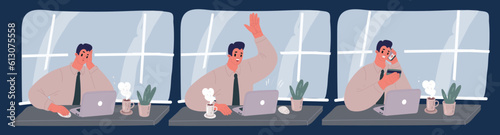 Cartoon vector illustration of man in office. Support call center man working in office scense. Boaring, chating with collegues online and shopping