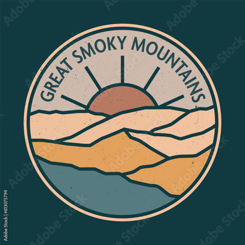 Great Smoky Mountains National Park, mountain sunset retro vector print illustration Line Art