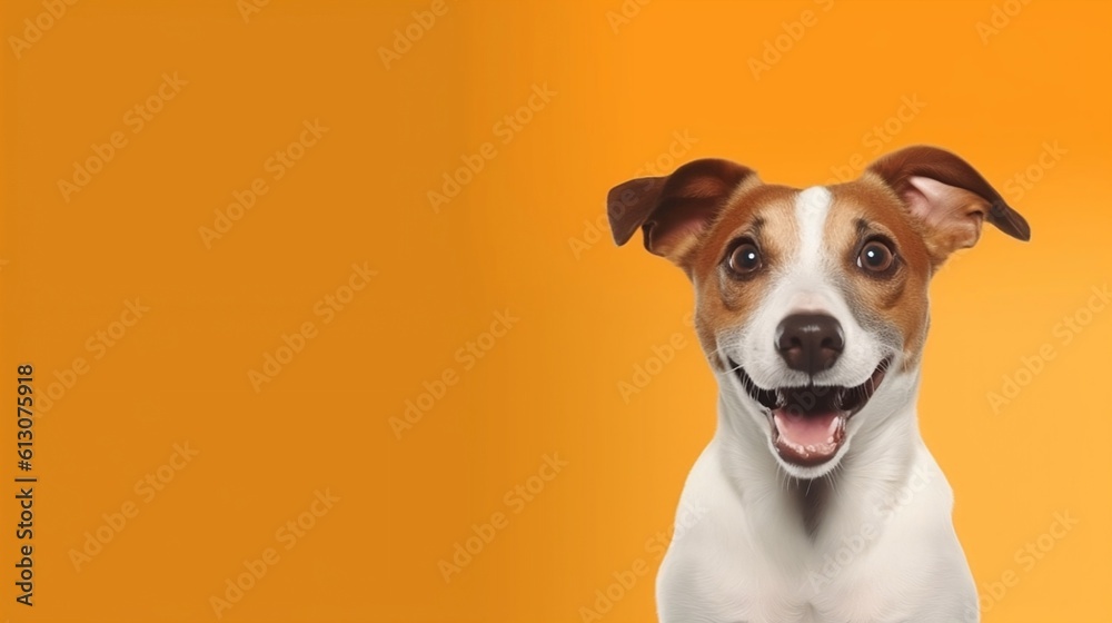 Playful cheerful dog Jack Russell Terrier with open mouth, isolated on the orange banner, copy space, AI-generated Playful cheerful dog Jack Russell Terrier with open mouth, isolated on the orange banner, copy space, AI-generated