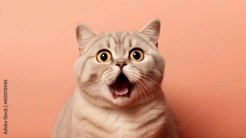 Surprised British cat with huge eyes and open mouth, isolated on the peach orange banner, copy space, AI-generated