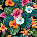 Tropical floral seamless pattern with exotic flowers, paradise flower, jungle leaves, palm