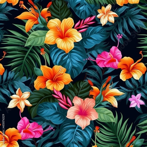 Tropical pattern floral seamless background with exotic flowers, orchid flower, hibiscus, jungle leaves, palm tree, plumeria © Dodi