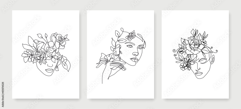 Line Art Drawing of Woman Face with Flowers Set. Female Floral Face Line Art Vector Illustration for Wall Decor, Spa, T-shirt, Print, Poster. Beauty Female Creative Drawing in Modern Linear Style.