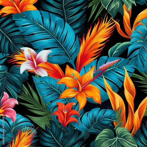 Seamless pattern with lily flowers and palm leaves background
