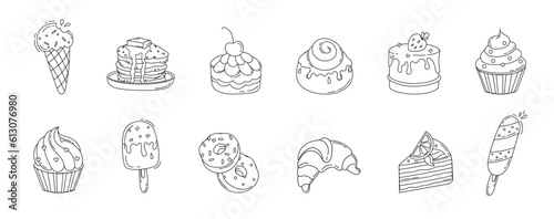 Cakes Ice cream Desserts Set of drawings Vector black and white illustration Isolated on a white background