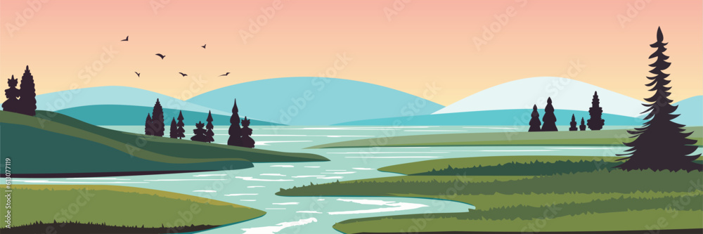 Obraz premium Early morning cartoon nature landscape with green field with conifers trees and rocks under pink sky with flying birds and river. Scenery background, summer meadow, Vector illustration