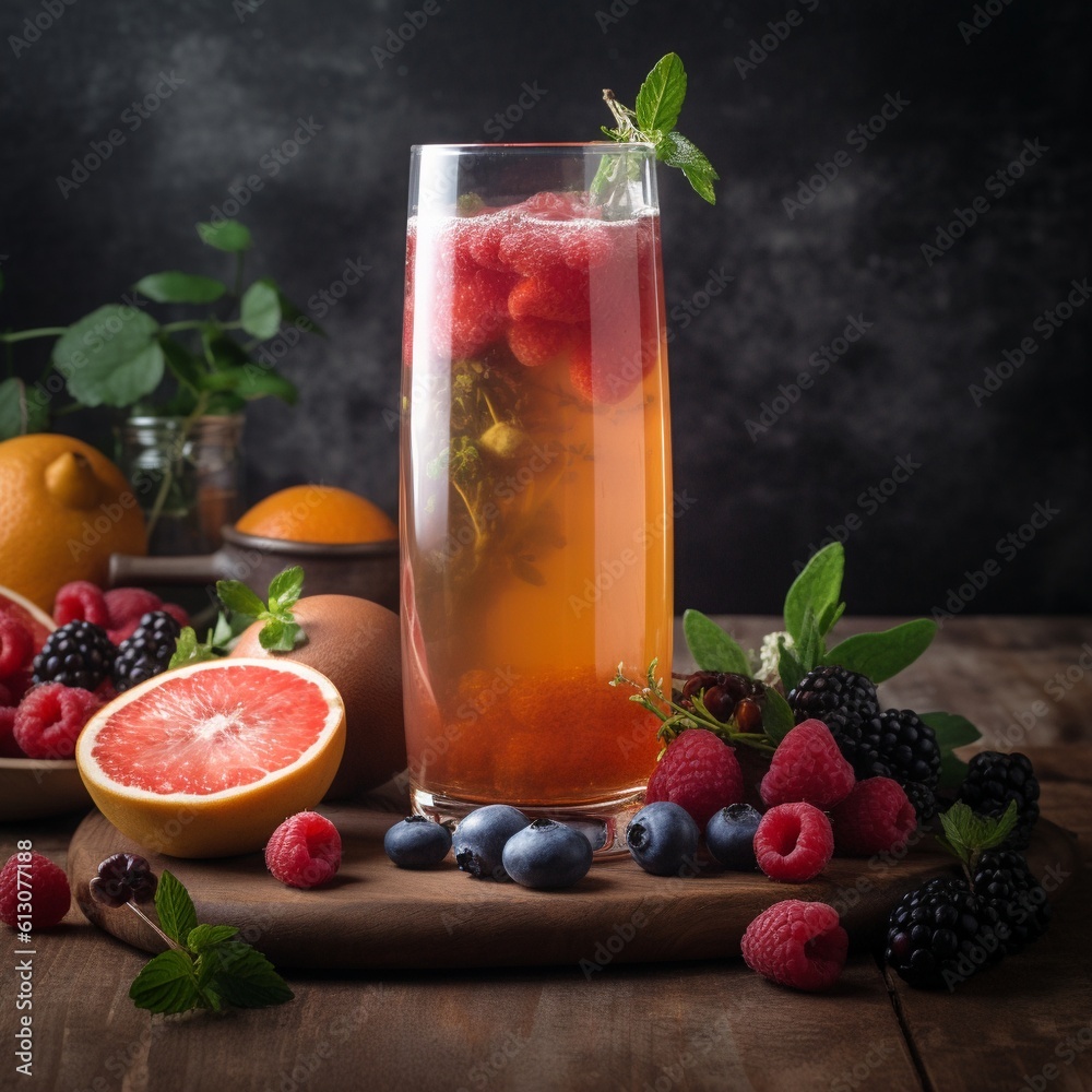 Tall Glass of Kombucha with Fresh Fruit Tall Glass of Kombucha with Fresh Fruit