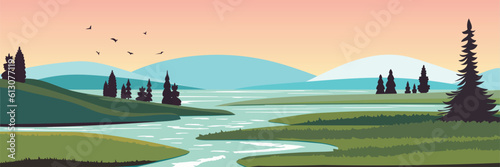 Early morning cartoon nature landscape with green field with conifers trees and rocks under pink sky with flying birds and river. Scenery background, summer meadow, Vector illustration