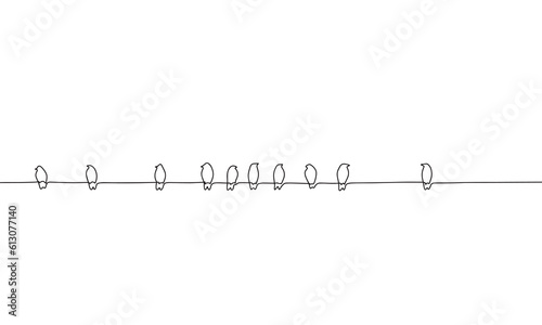 Continuous line drawing of many birds sitting in row. Vector illustration as line art outline wallpaper for minimal poster, template, banner