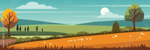Flat Autumn landscape. Vector countryside illustratiom with woods, herbs and road photo