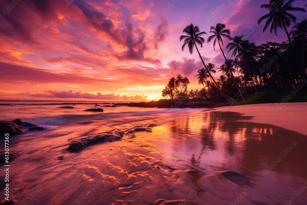 Sunrise on tropical beach with pink sky. Generative AI.