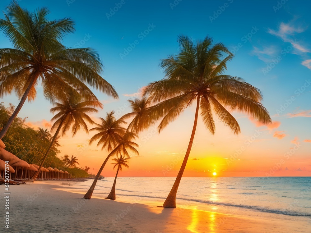 palm trees on the beach sunset generated Ai