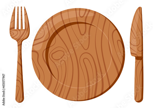 Wooden plate with knife and fork set isolated on a white background. Top view brown wood material cutlery and serving plate for food design template. Vector flat design cartoon style illustration.