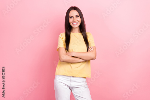 Photo of amazing confident female office worker arms crossed wear yellow shirt white jeans pants isolated pink color background