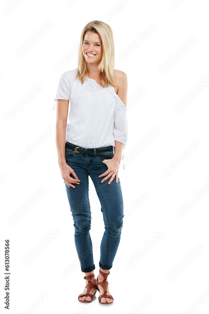 Happy woman, portrait smile and casual fashion standing isolated on a transparent PNG background. Full body of attractive female person or young model smiling and posing in denim jeans and blond hair Happy woman, portrait smile and casual fashion standing isolated on a transparent PNG background. Full body of attractive female person or young model smiling and posing in denim jeans and blond hair