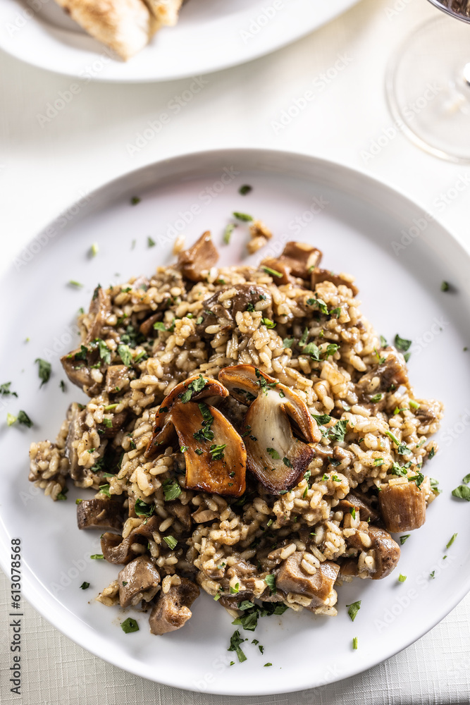 Top view of a speltotto or risotto with two big mushrooms on top Top view of a speltotto or risotto with two big mushrooms on top
