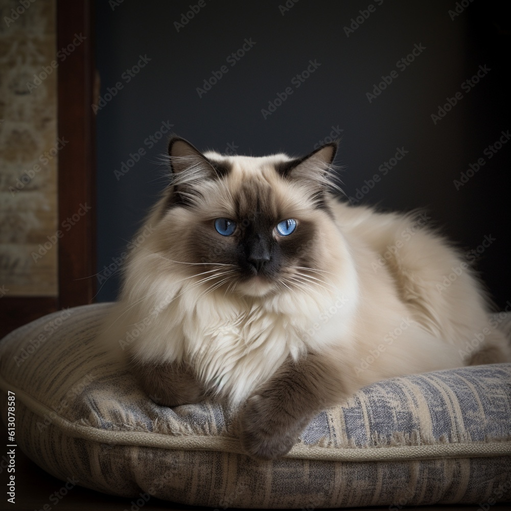 Relaxed Ragdoll Cat on Plush Bed