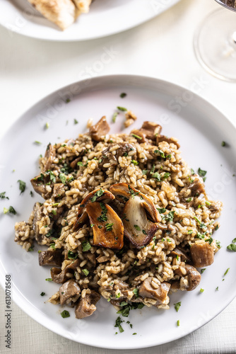 Top view of a speltotto or risotto with two big mushrooms on top