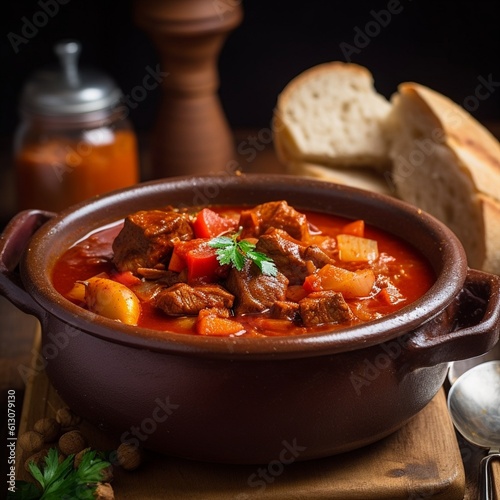 Spicy Hungarian Goulash (Meat and Vegetable Stew) Close-up Shot
