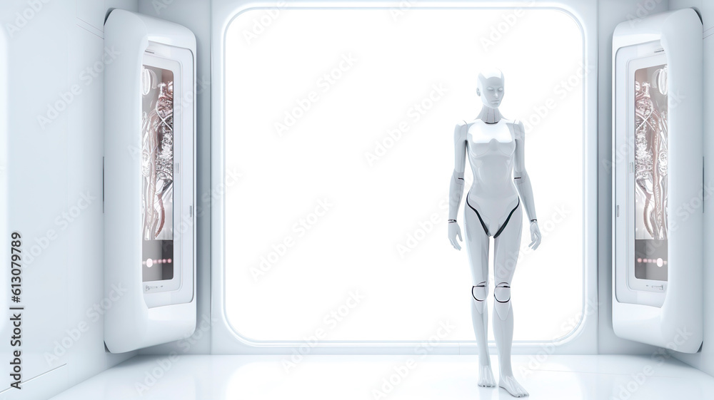 Woman-android in white room. Futuristic, minimalistic concept. AI generated. Woman-android in white room. Futuristic, minimalistic concept. AI generated.