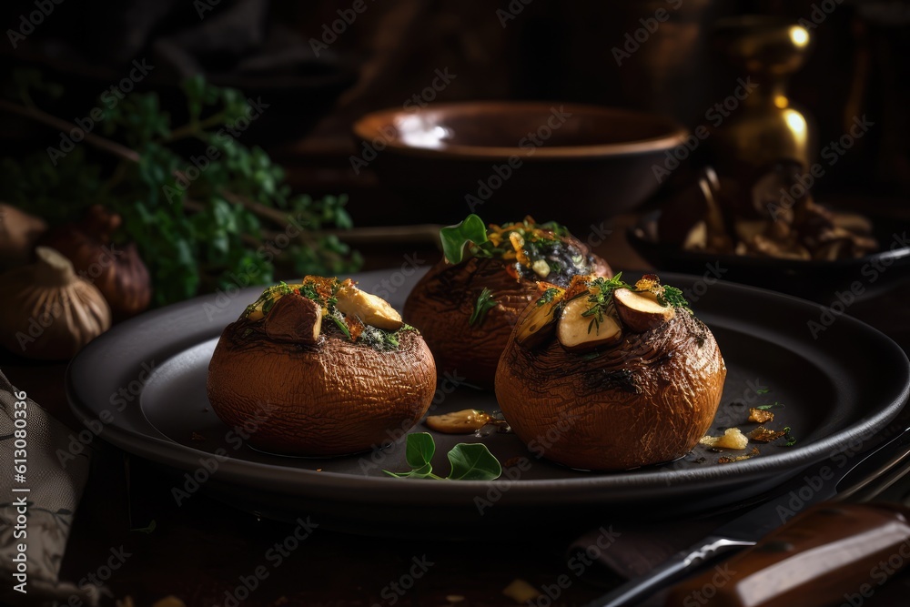 Baked Mushrooms, Stuffed Champignons, Grilled Portobello, Abstract Generative AI Illustration Baked Mushrooms, Stuffed Champignons, Grilled Portobello, Abstract Generative AI Illustration