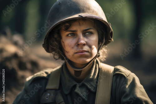 Caucasian female soldier at the battlefield. Generative AI., Generative AI