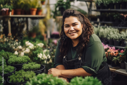 Portrait of happy latin florist at flower shop. Generative AI., Generative AI