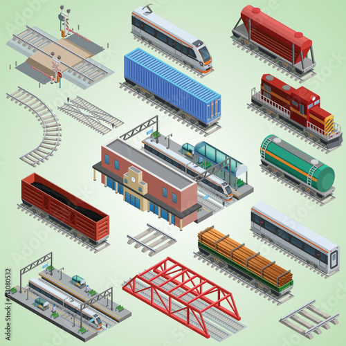 isometric illustration set vector design train metro round composition with train coins travel