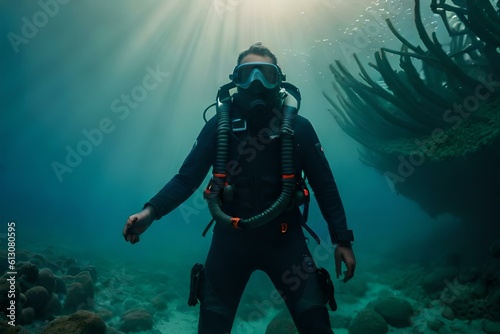 diver in ocean, diver in thes ea diver use mask, Scuba deep sea diver swimming in a deep ocean cavern . Underwater exploration. Into the abyss