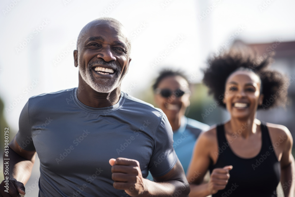 © Cavan Images - Happy active senior african couple jogging at street. Generative AI., Generative AI © Cavan Images - Happy active senior african couple jogging at street. Generative AI., Generative AI