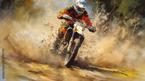 Moto racer on the motocross motorcycle riding on high speed at the dirt road. Generative art