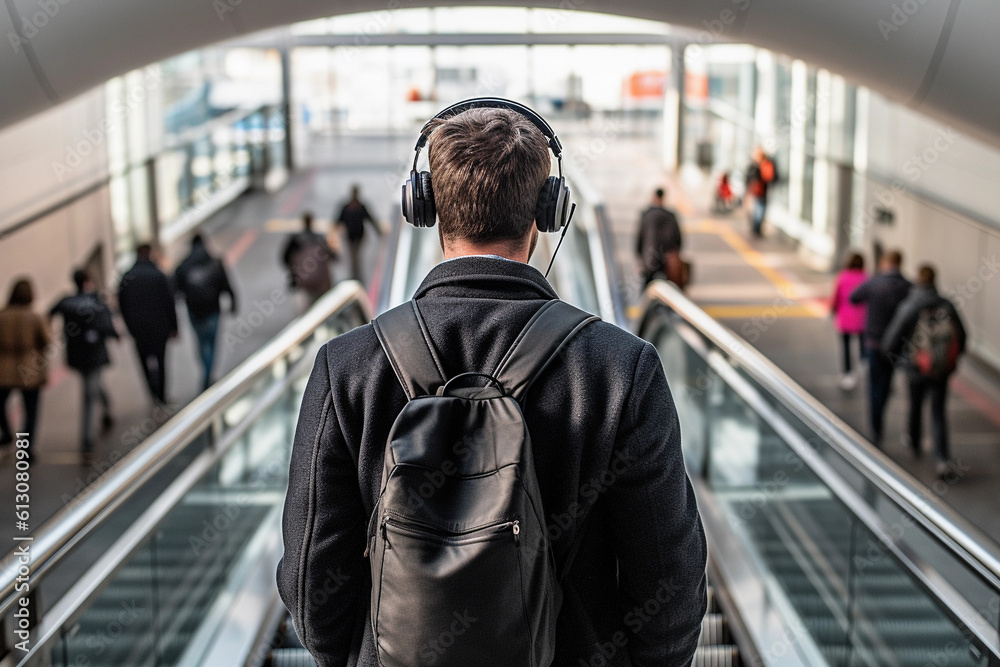 Rear view of young man wearing headphones walking in stairs at train station