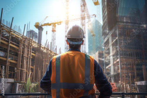 Rear view of the construction worker at the construction site, looking up to the sky. Generative art