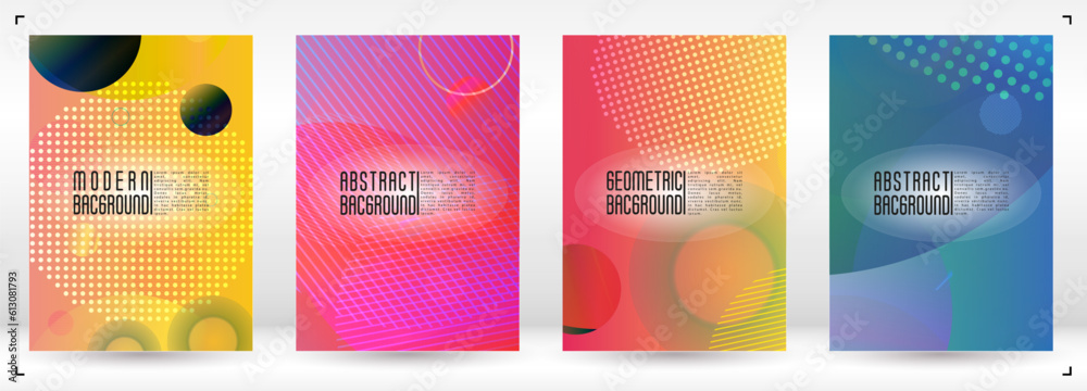 Set of Abstract Cover with Gradient Mesh Holographic Circles. Hipster Graphic Template Design with Lines, Dots, Round Shapes. Innovation Style for your Business Cover.