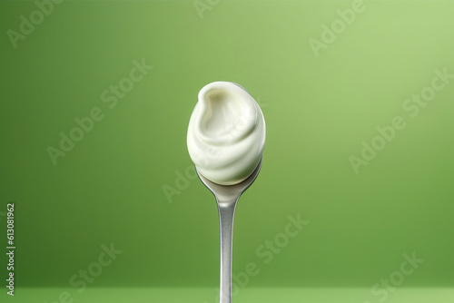 Fresh natural yogurt or cream on the metal spoon, isolated on green background. Photorealistic generative art