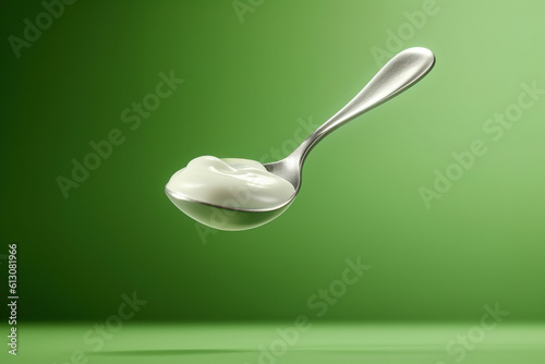 Fresh natural yogurt or cream on the metal spoon, isolated on green background. Photorealistic generative art