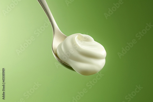Fresh natural yogurt or cream on the metal spoon, isolated on green background. Photorealistic generative art