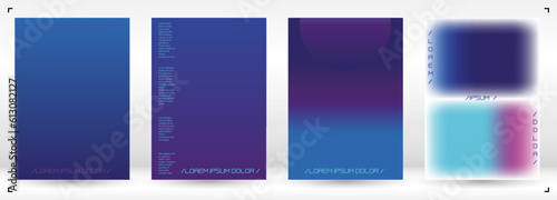 Futuristic Background Set with Gradient Mesh Holographic Shapes. Vector Template Design for your Business. Minimal Print Set in Purple Blue Colors for Your Identity Style.