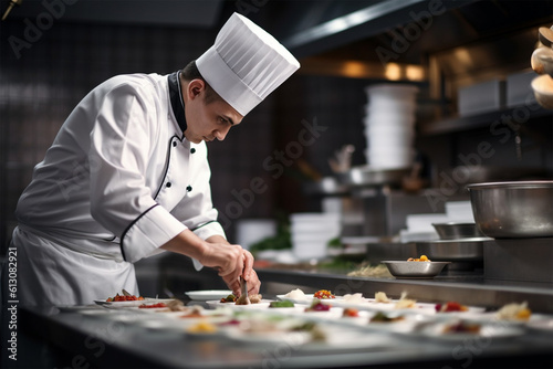 chef prepares gourmet dish in a restaurant. Generative AI
