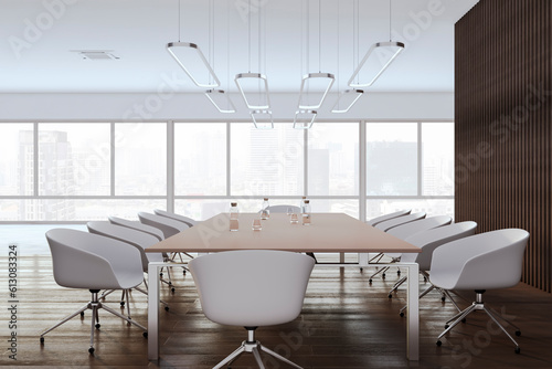 Modern empty concrete and wooden meeting room interior with panoramic window and city view  furniture and other objects. 3D Rendering.