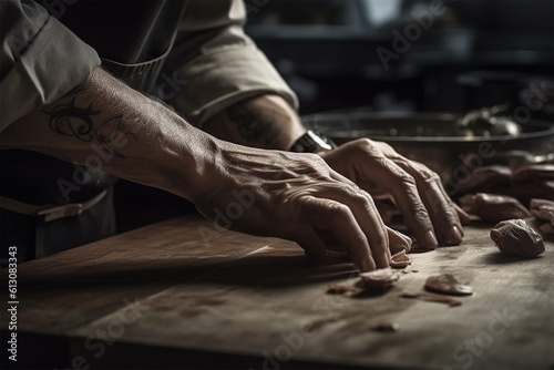 cook's hands kneading dough.male hands, flour and dough. Levitation in a frame made of dough and flour. A man in an apron prepares dough for baking. Generative AI © Margo_Alexa