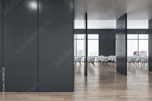 Front view on black wall partition with space for advertising poster or frame in stylish conference area with city view from big windows  wooden floor and white chair rows. 3D rendering  mockup