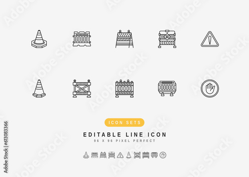 Road Barrier Includes Roadblock, Safety Cone, Construction Barricade, and Street Caution. Line Icons Set. Editable Stroke Vector Stock. 96 x 96 Pixel Perfect.