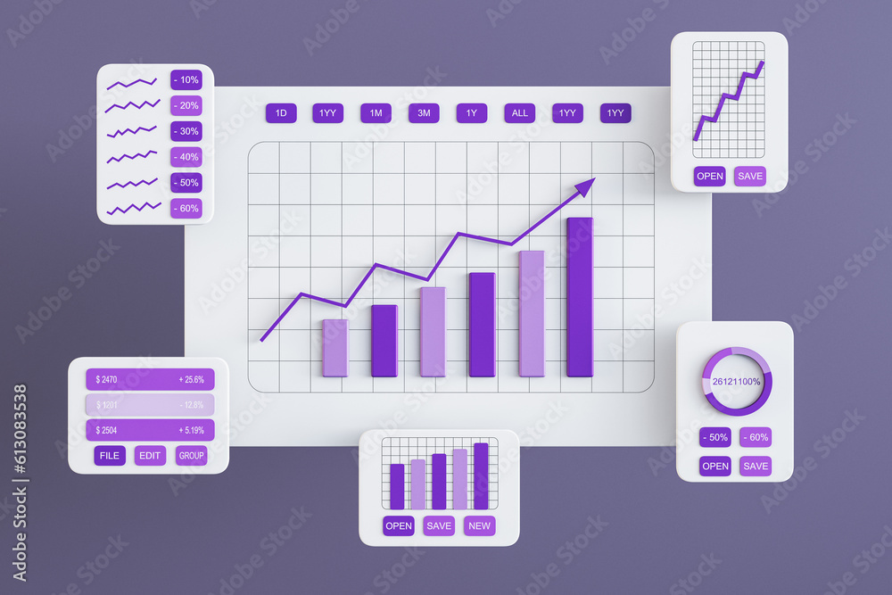 Stats data and digital marketing concept with front view on white graphic window cards with purple project statistics, growing sales charts and finance reports on abstract background. 3D rendering Stats data and digital marketing concept with front view on white graphic window cards with purple project statistics, growing sales charts and finance reports on abstract background. 3D rendering