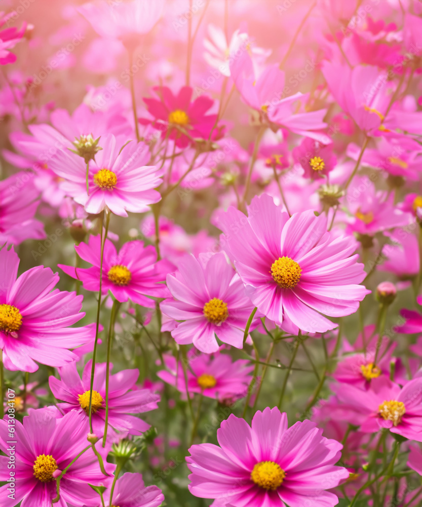 Background fully blooming pink cosmos flowers are shining in the light,    generative AI