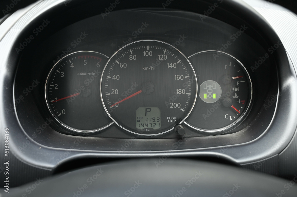 Mileage distance on the car dashboard digital speedometer car miles