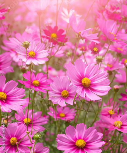 Background fully blooming pink cosmos flowers are shining in the light, generative AI