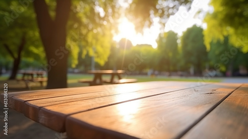 Empty Wooden Table at City Park in sunny day, Generative AI 