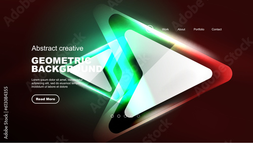 Abstract background landing page, geometric shape illuminated with glowing neon light on dark background. Futuristic city lights concept