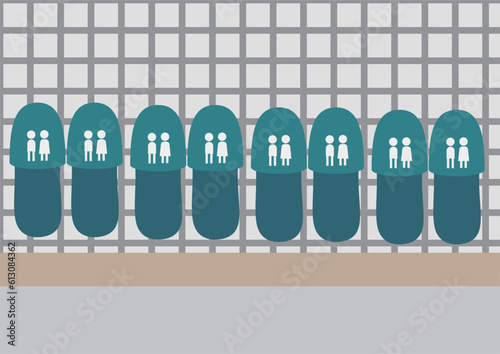 整列されたトイレのスリッパのイラスト